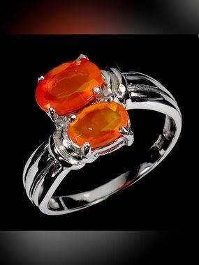 Stunning Natural Orange Fire Opal 2CT Bypass Ring Size 8 in 925 Sterling Silver